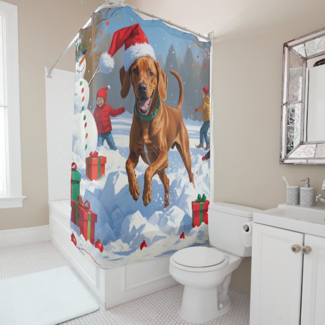 Vizsla Running in Snow with Christmas Hat Shower Curtain (In Situ)