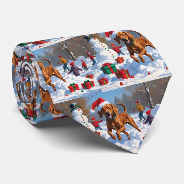 Vizsla Running in Snow with Christmas Hat Tie (Rolled)