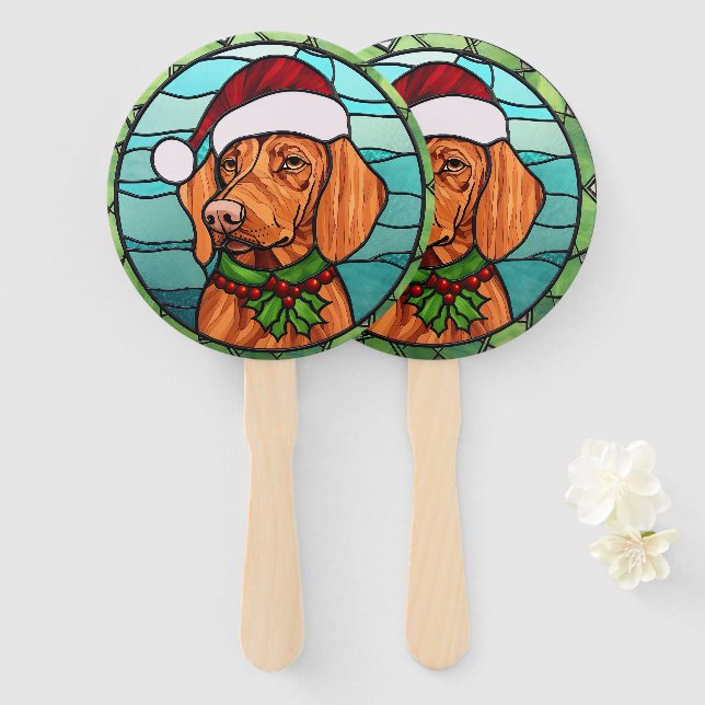 Vizsla Stained Glass Christmas  Hand Fan (Front and Back)