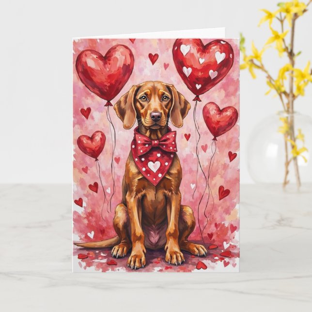 Vizsla Valentine Dog Sitting with Hearts Red Card (Yellow Flower)
