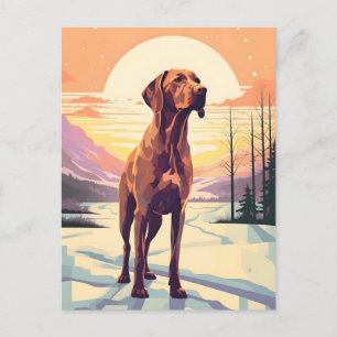 Vizsla winter mountain forest during sunset postcard