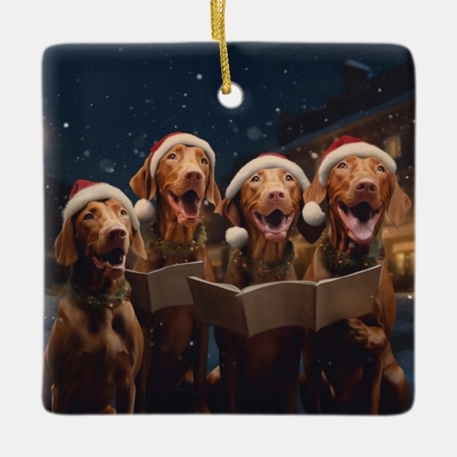 Vizslas Christmas Caroling Festive Holiday Ceramic Ornament (Front)