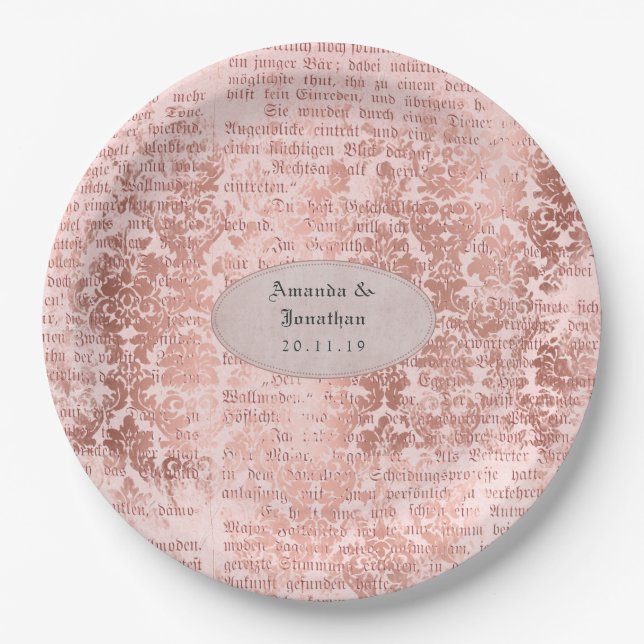 Vntage Rose Gold Shabby-Chic Wedding Paper Plate (Front)