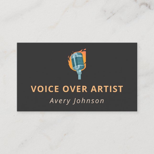 Voice Over Artist Fire Microphone Icon Trendy Cool Business Card (Front)