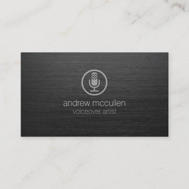 VoiceoverArtist Microphone Icon Dark Brushed Metal Business Card (Front)