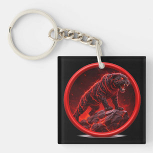 Volcanic Black Panther Poised On Glowing Rock Key Ring