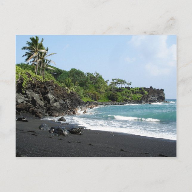 Volcanic black sand beach on Hawaii postcard (Front)