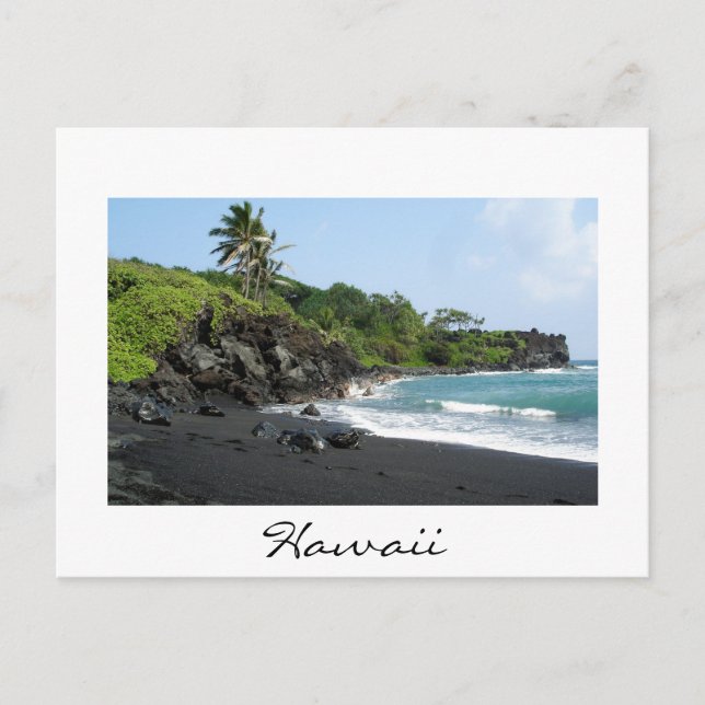 Volcanic black sand beach on Hawaii white postcard (Front)
