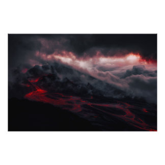 Volcanic Eruption Lava Rivers Night Landscape Photo Print