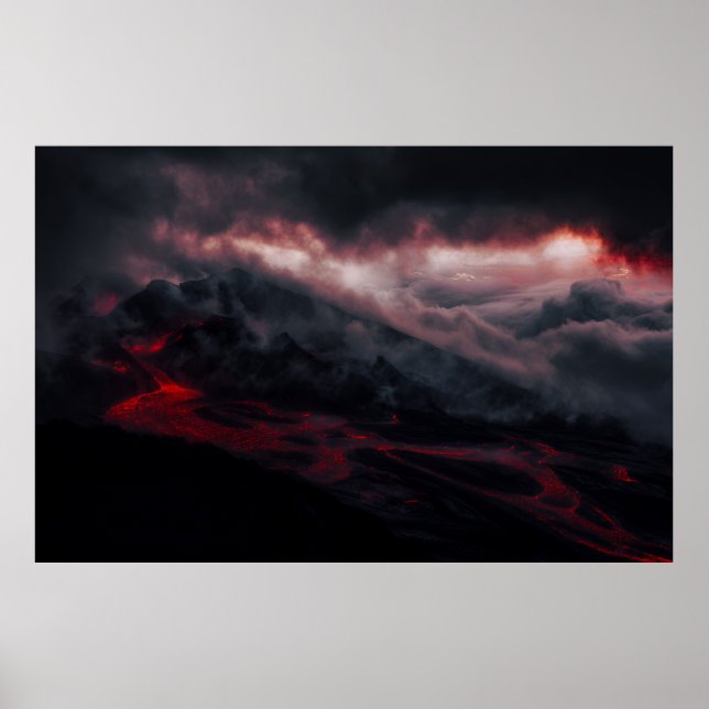 Volcanic Eruption Lava Rivers Night Landscape Poster (Front)