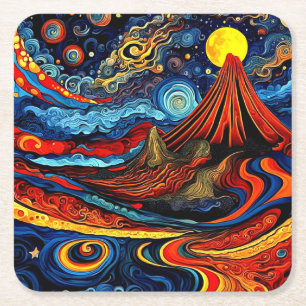 Volcanic landscape at night square paper coaster