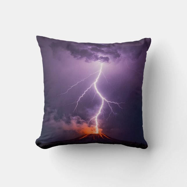 Volcano Lightning Eruption Dramatic Night Cushion (Front)