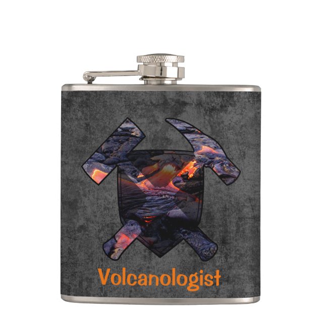 Volcanologist's Rock Hammer and Shield Logo Hip Flask (Front)