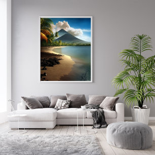 Volcanos, White Sand Beach with Palm Trees Poster