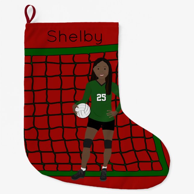 Volleyball African American Girl In Green Large Christmas Stocking (Front)