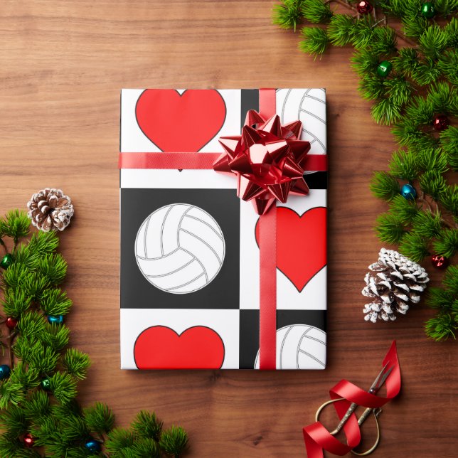 Volleyball and Hearts Black & White Chequered Wrapping Paper (Holiday Gift)