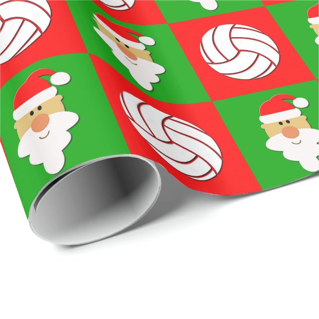 Volleyball and Santa Clause Red & Green Christmas Wrapping Paper (Roll Corner)
