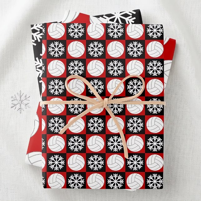 Volleyball and Snowflake Red and Black Christmas Wrapping Paper Sheet (Cute volleyball Christmas wrapping paper for volleyball players, coaches and fans.)