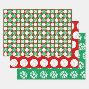 Volleyball and Snowflake Red and Green Christmas Wrapping Paper Sheet