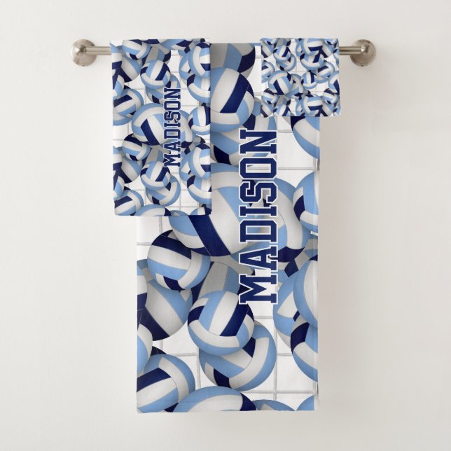 volleyball athlete name navy light blue bath towel set (Insitu)