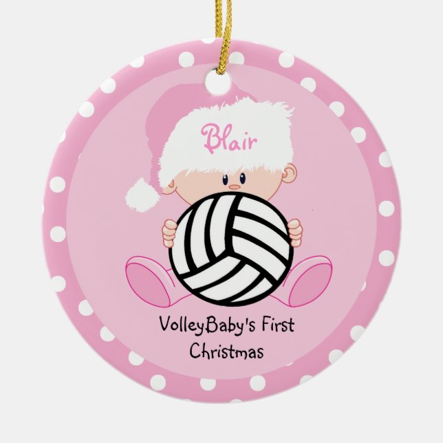 Volleyball Baby Girl 1st Christmas with name Ceramic Tree Decoration (Front)