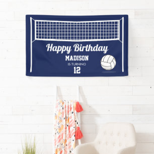 Volleyball Ball & Net Navy Blue Birthday Name Age Banner