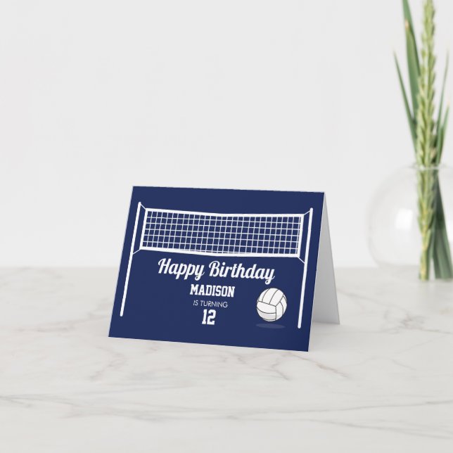 Volleyball Ball & Net Navy Blue Birthday Name Age Card (Front)