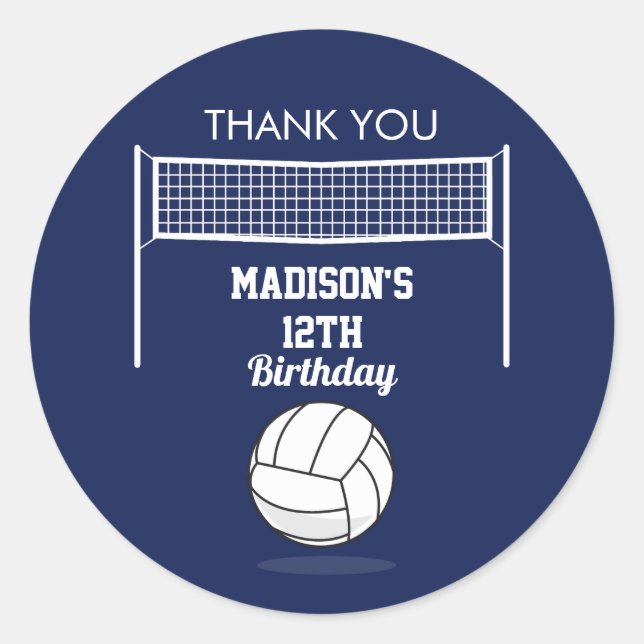 Volleyball Ball & Net Navy Blue Birthday Name Age Classic Round Sticker (Front)