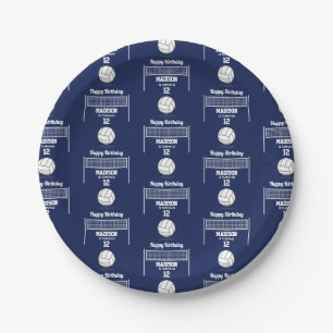 Volleyball Ball & Net Navy Blue Birthday Name Age Paper Plate