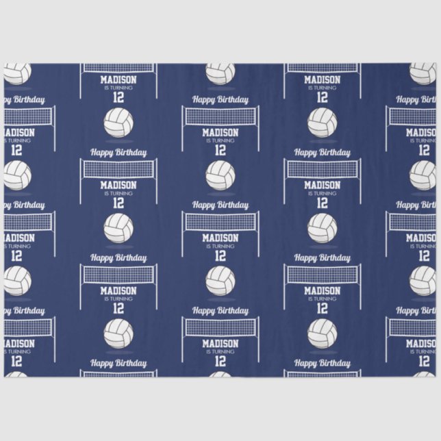 Volleyball Ball & Net Navy Blue Birthday Name Age Tissue Paper (Front)