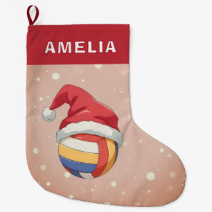 Volleyball Ball Red Santa Hat Name Large Christmas Stocking