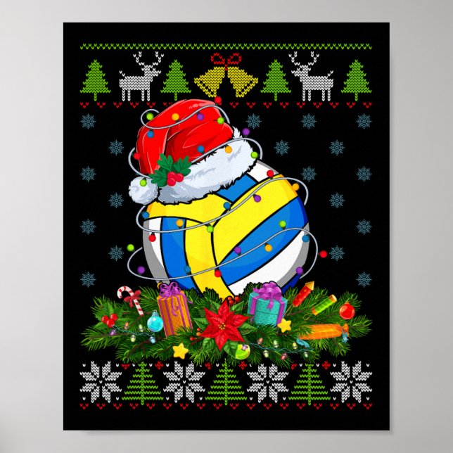 Volleyball Ball Santa Hat Christmas Light Ugly Swe Poster (Front)