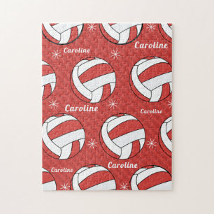 Volleyball Ball Snow Red Festive Vibrant Kids Name Jigsaw Puzzle