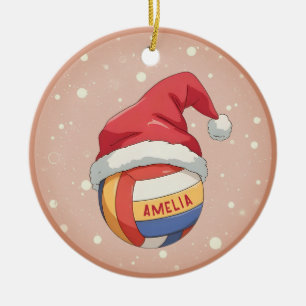Volleyball Ball with Red Santa Hat Name Christmas Ceramic Tree Decoration