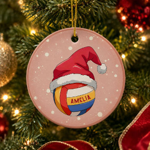 Volleyball Ball with Red Santa Hat Name Christmas Ceramic Tree Decoration
