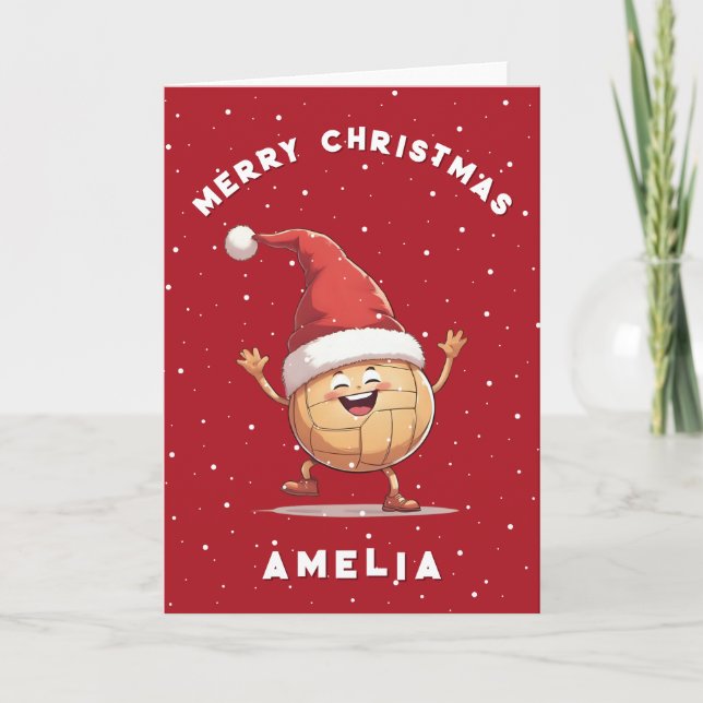 Volleyball Ball with Red Santa Hat Name Christmas Holiday Card (Front)