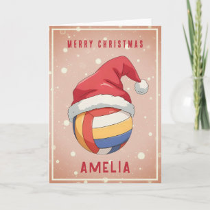 Volleyball Ball with Red Santa Hat Name Christmas Holiday Card