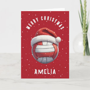 Volleyball Ball with Red Santa Hat Name Christmas Holiday Card