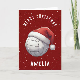 Volleyball Ball with Red Santa Hat Name Christmas Holiday Card