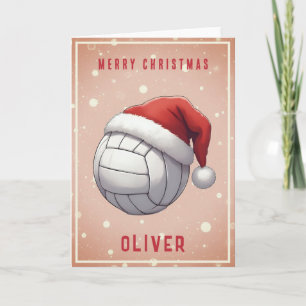 Volleyball Ball with Red Santa Hat Name Christmas Holiday Card