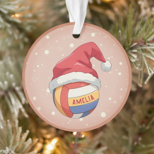 Volleyball Ball with Red Santa Hat Name Christmas Ornament (Tree)