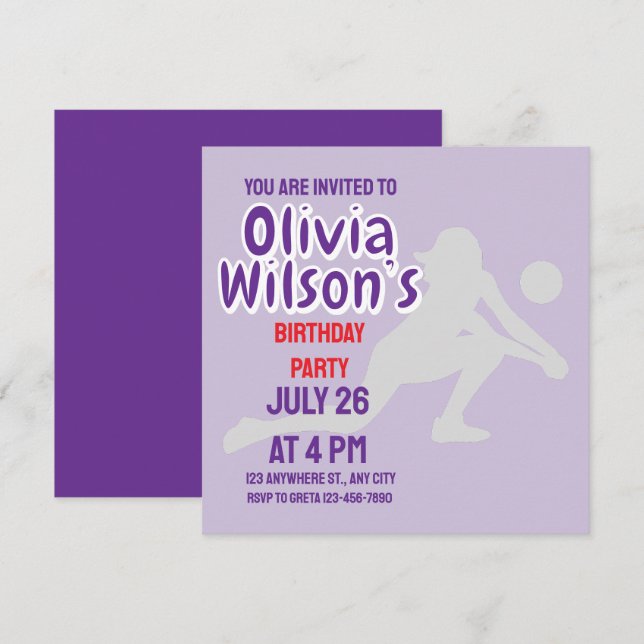 Volleyball Birthday Party, Volleyball Player Girl  Invitation (Front/Back)