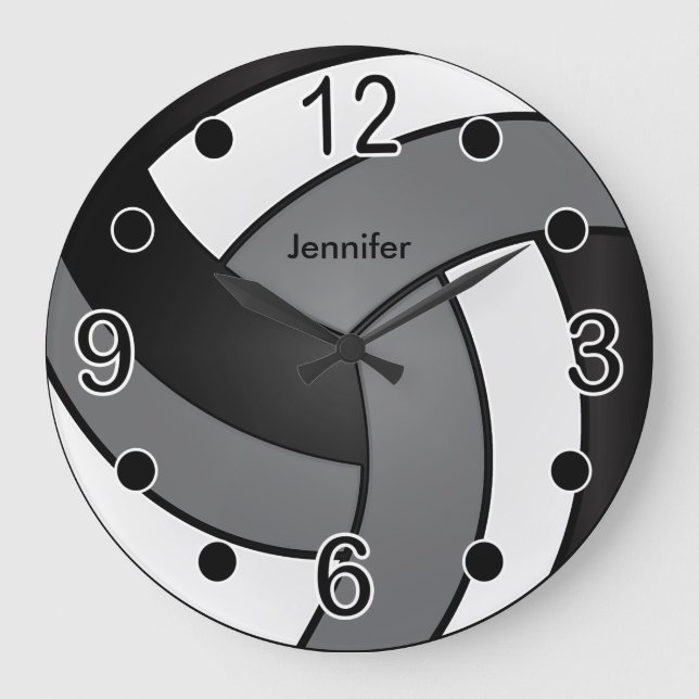 Volleyball | Black, White and Grey Large Clock (Front)