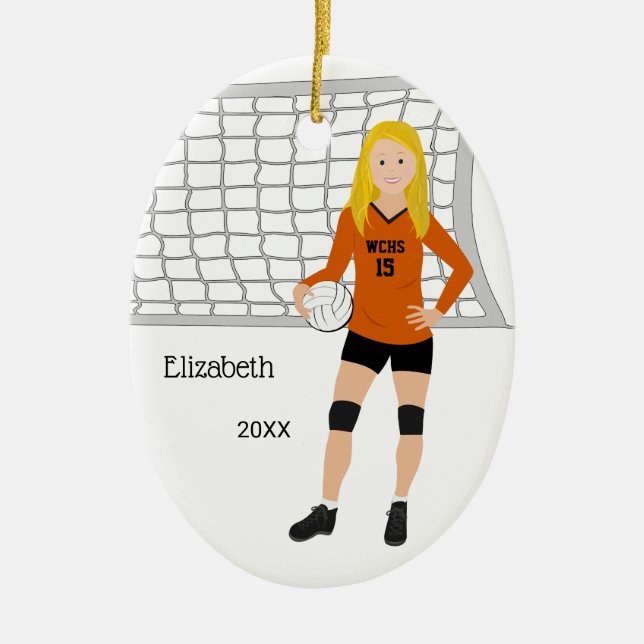 Volleyball Blonde Female Orange & Black Ceramic Tree Decoration (Front)