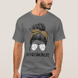 Volleyball Bonus Mum Life Messy Bun Leopard Mother T-Shirt