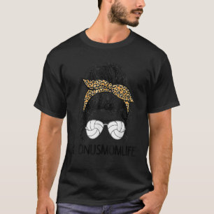 Volleyball Bonus Mum Life Messy Bun Leopard Mother T-Shirt