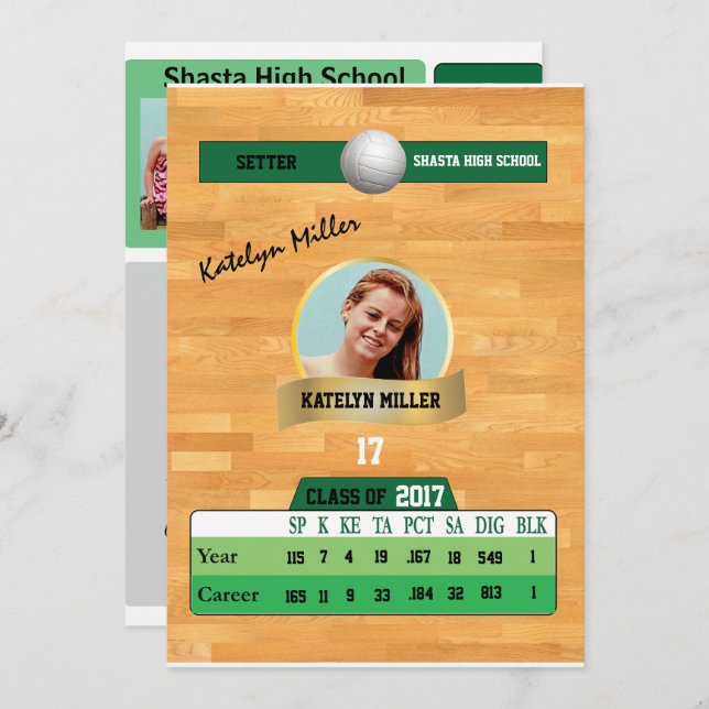Volleyball Card W/ Stats Grad Invitations - green (Front/Back)