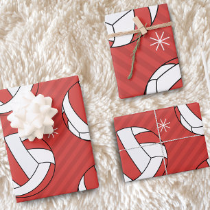 Volleyball Christmas Striped Festive Ball Snow Red Wrapping Paper Sheet