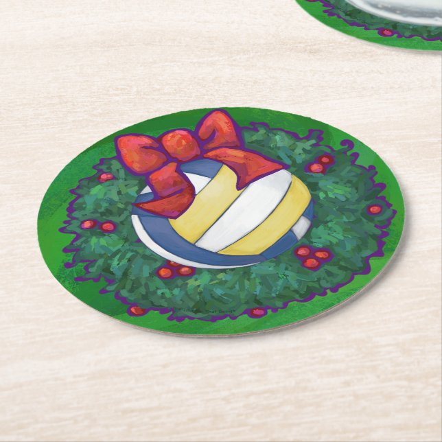 Volleyball Christmas Wreath Round Paper Coaster (Angled)