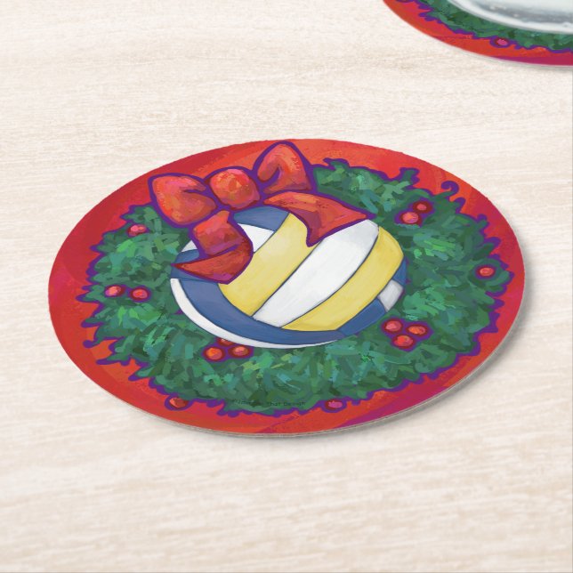 Volleyball Christmas Wreath Round Paper Coaster (Angled)